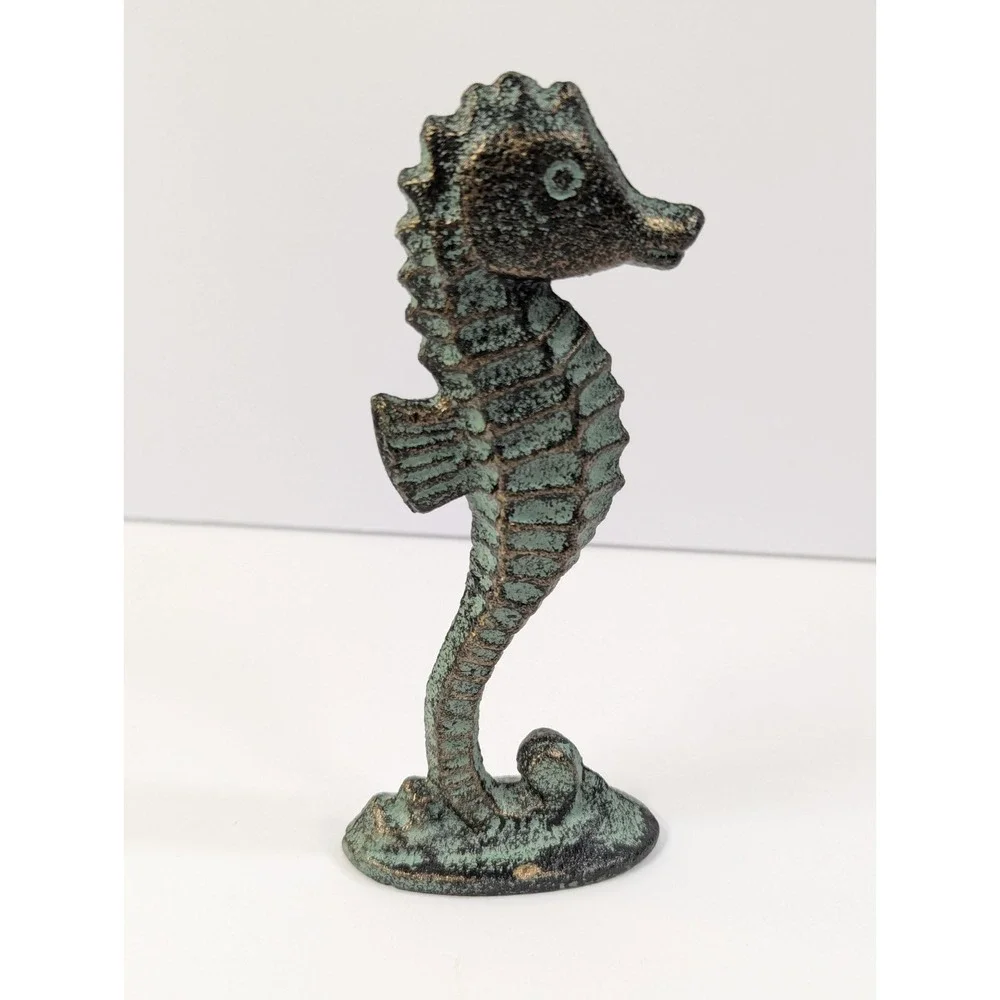 Cast Iron Seahorse Figurine / Statue, Verdigris Patina, Nautical Decor - 5 1/2